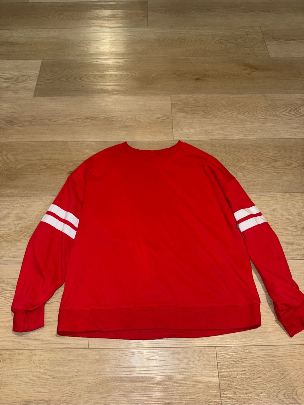 Womans Red Crewneck Sweater with White Sleeve Stripes